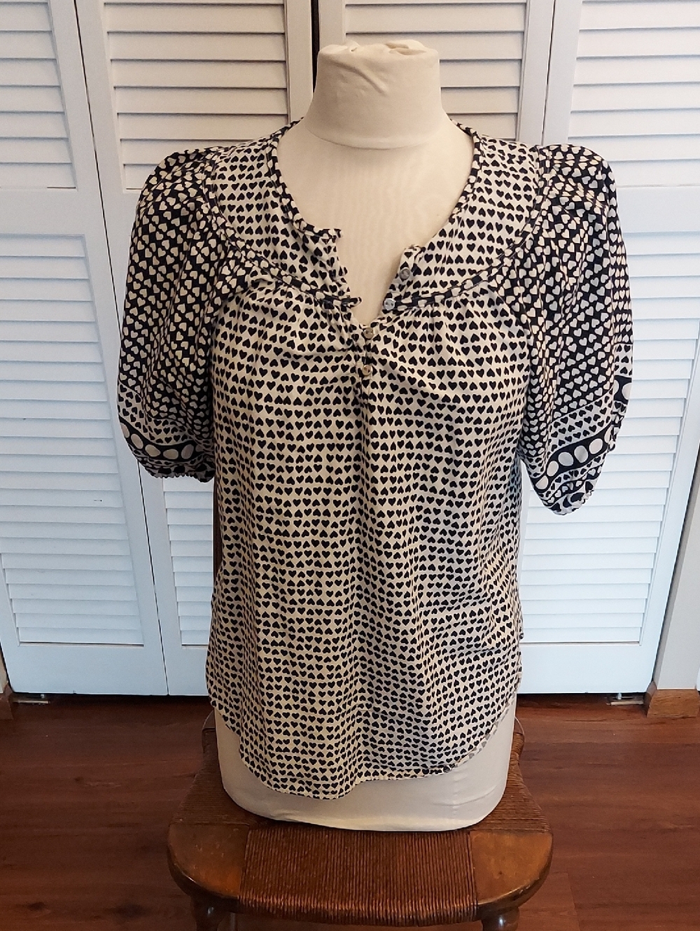 Heart-Print Puff Sleeve Peasant Blouse